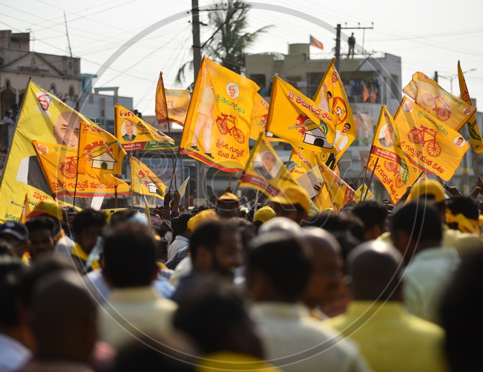 TDP Party workers with Placards and flags in a rally ahead of Andhra Pradesh General Elections 2019