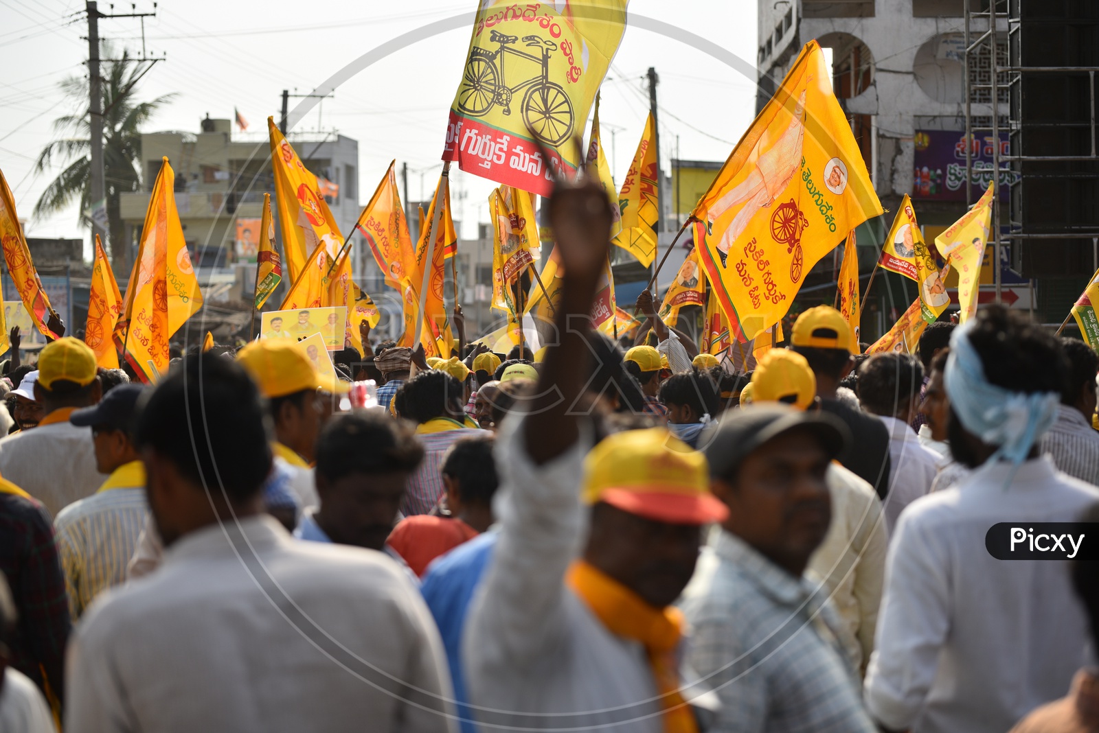 TDP Party workers with Placards and flags in a rally ahead of Andhra Pradesh General Elections 2019