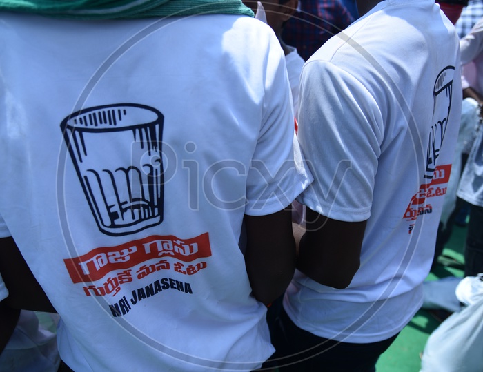 Jana sena party supporters wearing party t-shirts at an election campaign