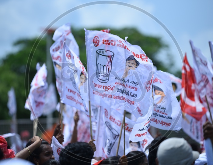 Janasena party symbol 'glass tumbler' on the flags at an election campaign in Amalapuram