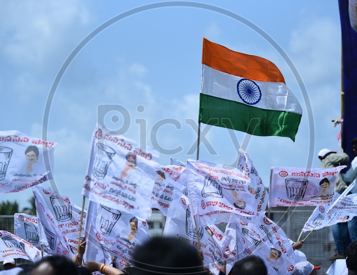 Jana sena party symbol 'Glass tumbler' on the flags at an election campaign in Amalapuram