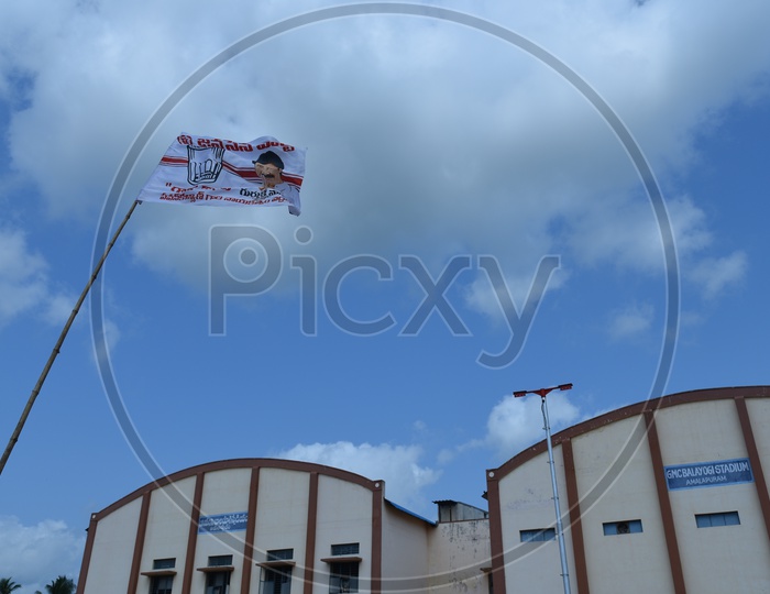 Jana Sena party symbol 'glass tumbler' on a flag