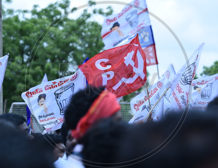 CPI party flag and Jana sena party flags at an election campaign in Amalapuram