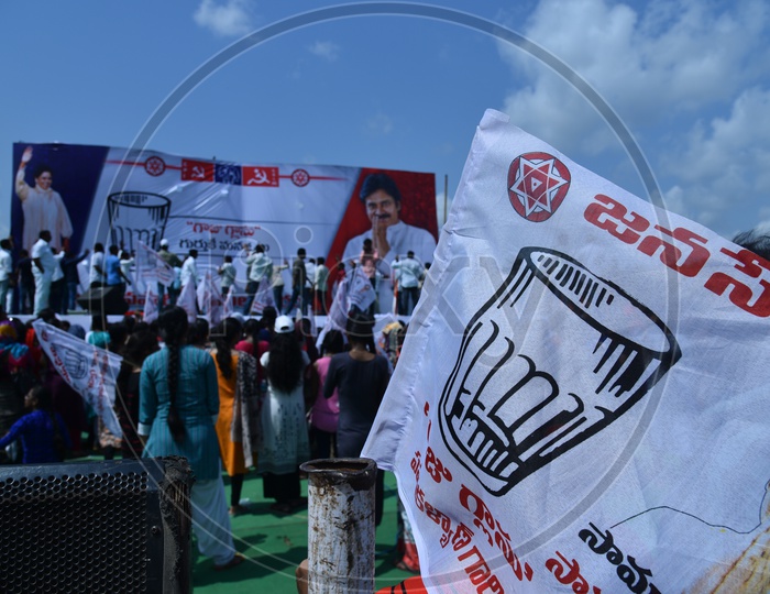 Jana Sena party symbol 'Glass tumbler' on a flag
