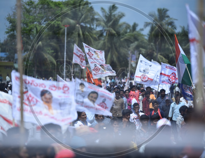 Jana Sena party supporters holding party flags at an election campaign rally