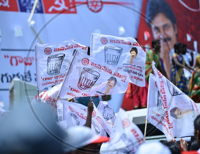 Jana sena party election symbol 'Glass tumbler' on the flags at an election campaign in Amalapuram