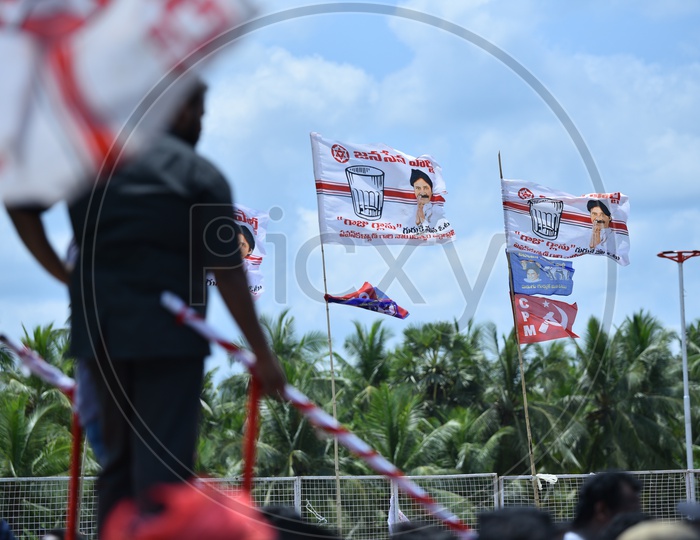 CPM, BSP party flags and Jana sena party flags at an election campaign in Amalapuram