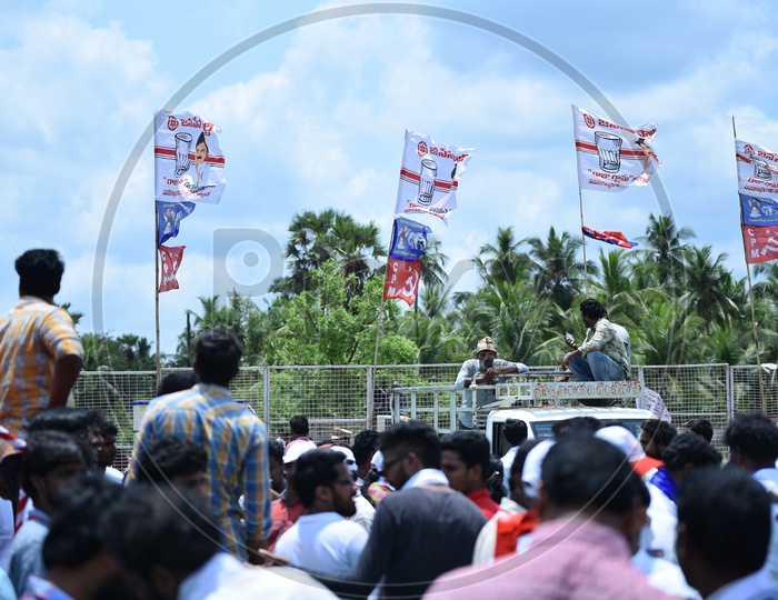 Jana sena party supporters at an election campaign in Amalapuram