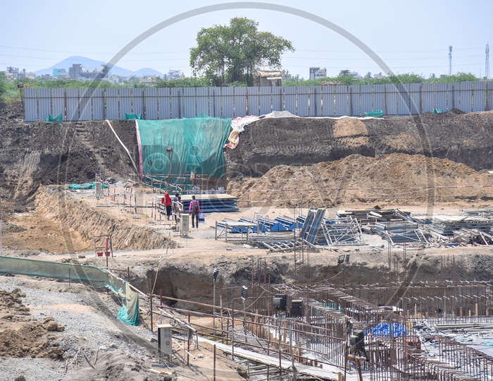 Basement Pillar Construction with Caste Iron Bars At a Construction Site