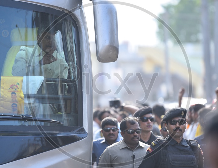 Nara Chandra Babu Naidu In Bus During Election Campaign Rally