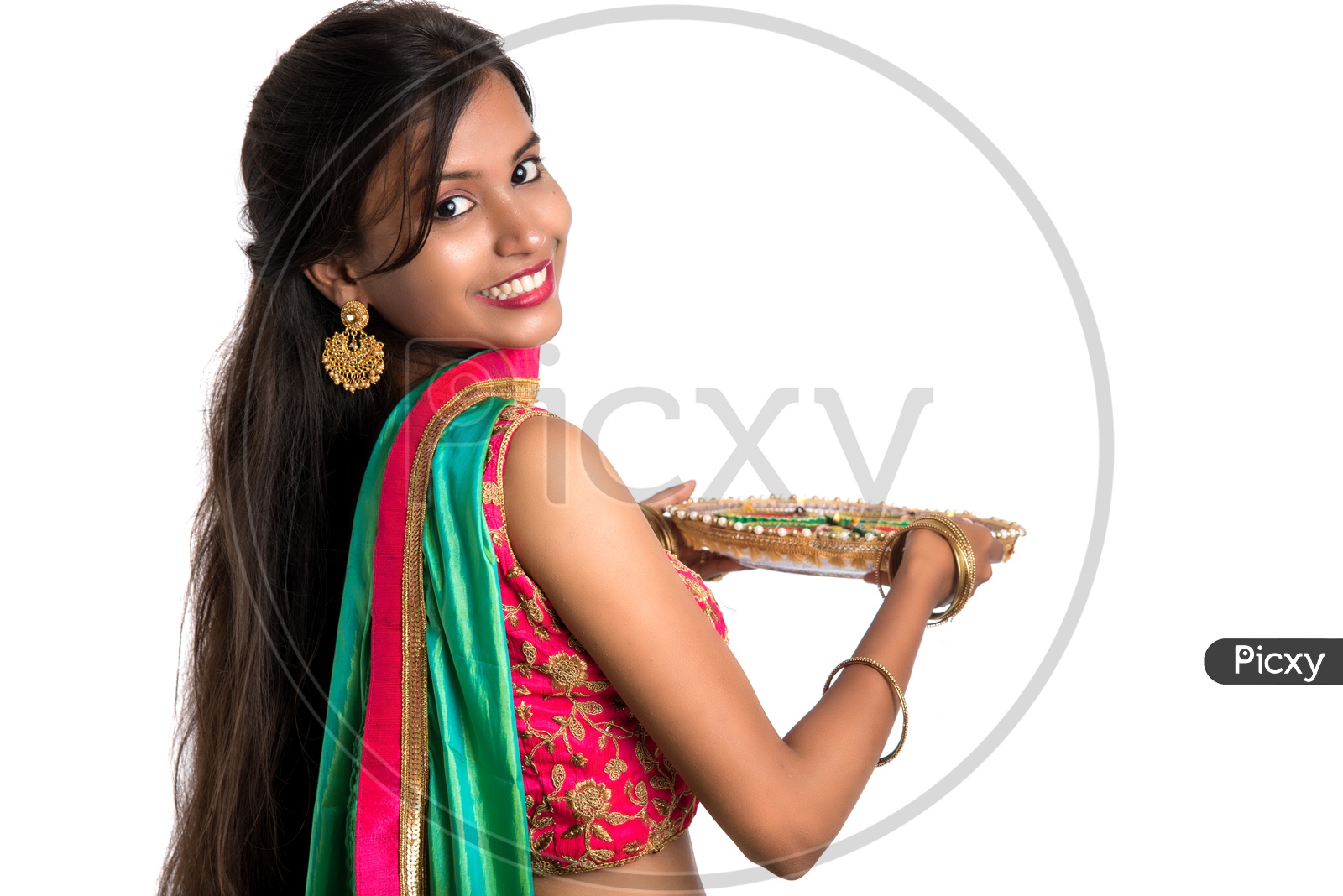 Beautiful Traditional Indian Woman Holding Dia Thali Or Dia Plate In Hand With Smile Face