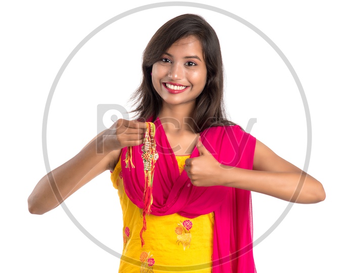 Beautiful Indian Girl  Showing Rakhis  on Occasion of  Raksha Bandhan  Festival