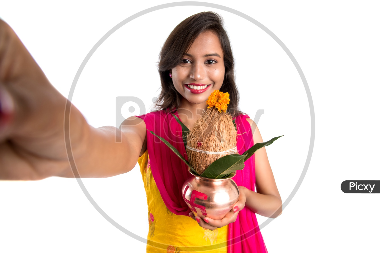 Beautiful Indian Girl Taken Selfie With a Kalasham In Hand