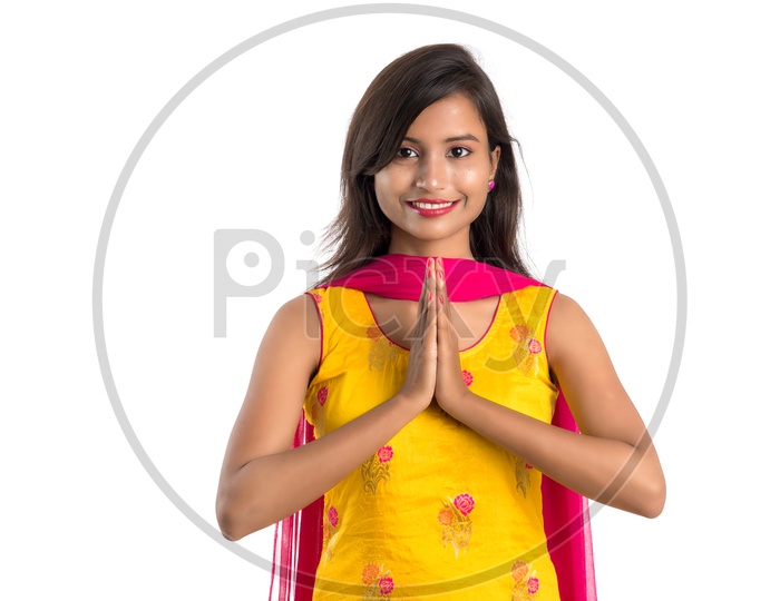 Beautiful  Indian Girl With Namaste Gesture And Smile Face