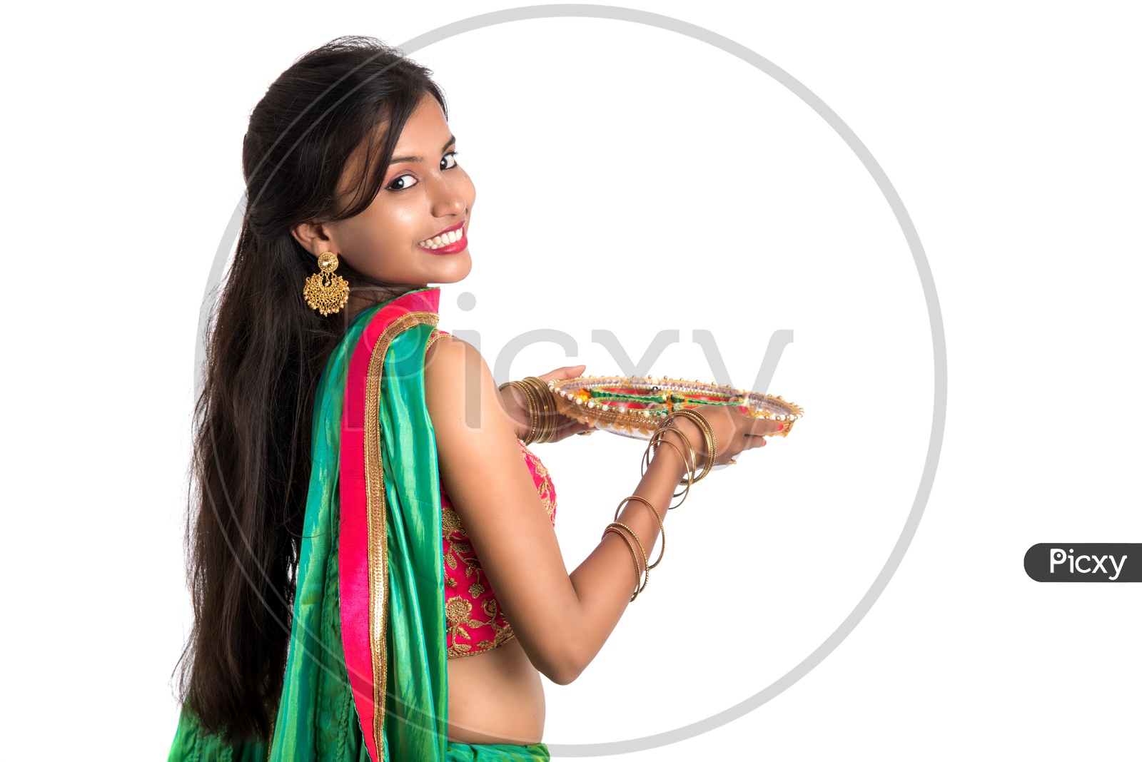 Beautiful Traditional Indian Woman Holding Dia Thali Or Dia Plate In Hand With Smile Face