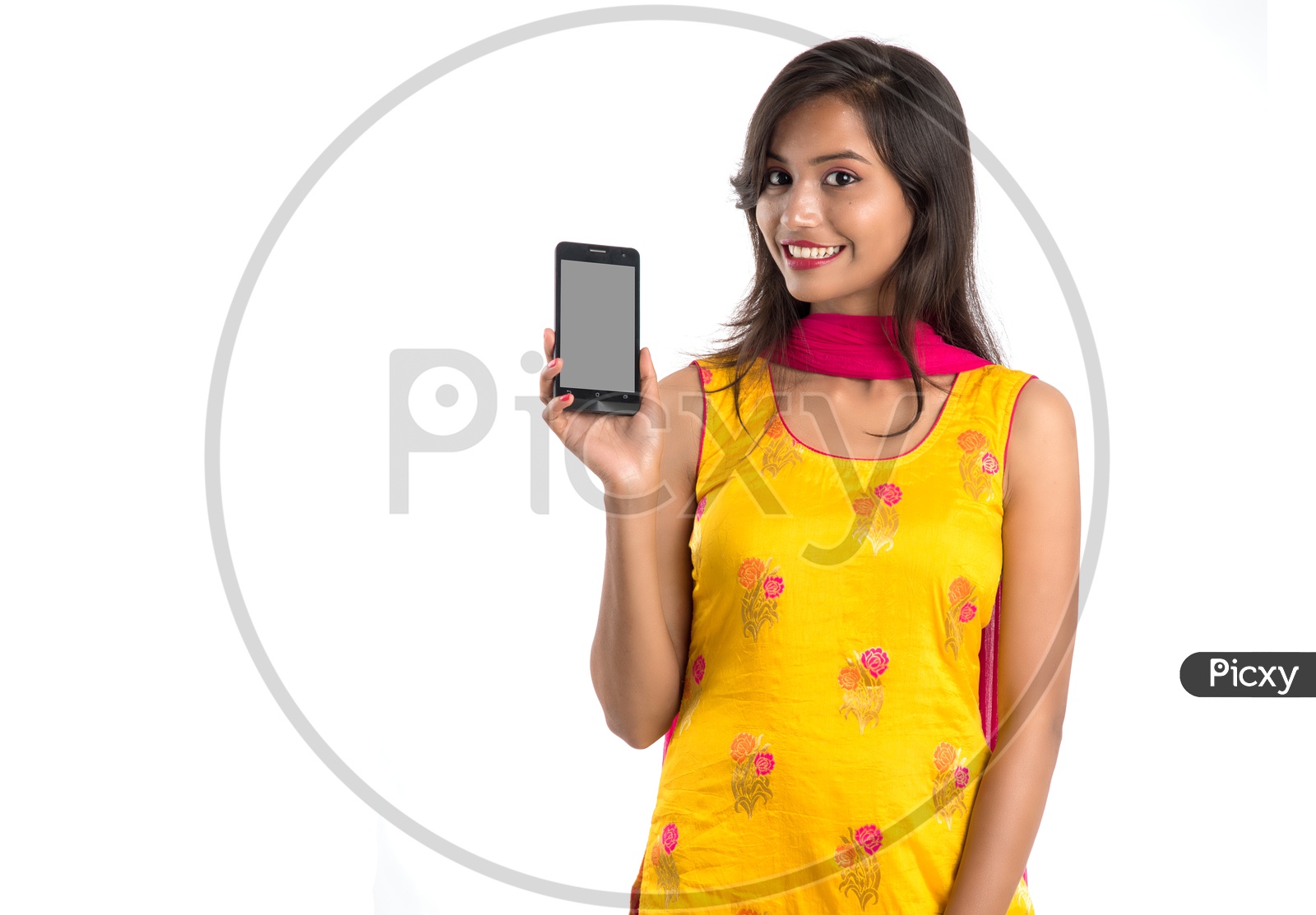 Beautiful Young Indian Girl Showing Mobile Screen With Smile Face