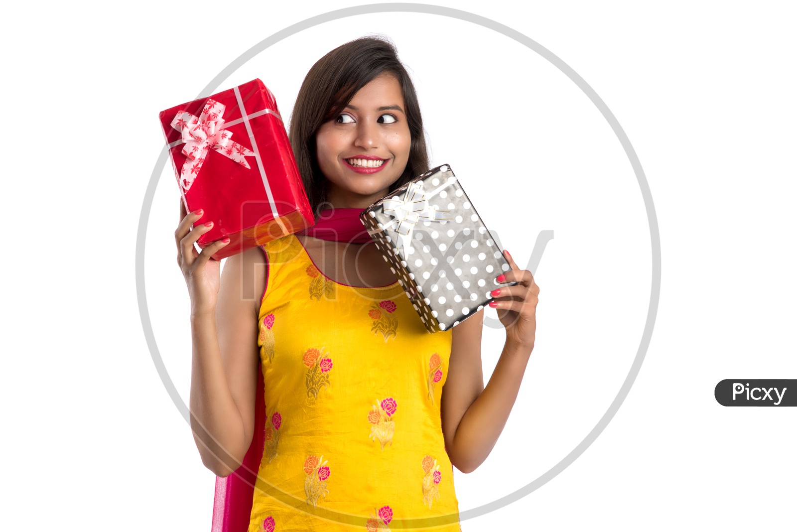 Beautiful Indian Girl With Gifts In Hand with a Smile Face