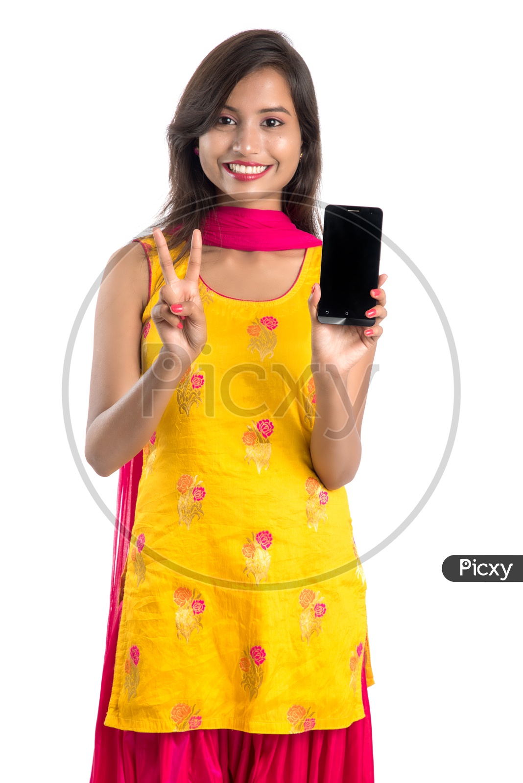 Beautiful Young Indian Girl Showing Mobile Screen With Smile Face and Gesture