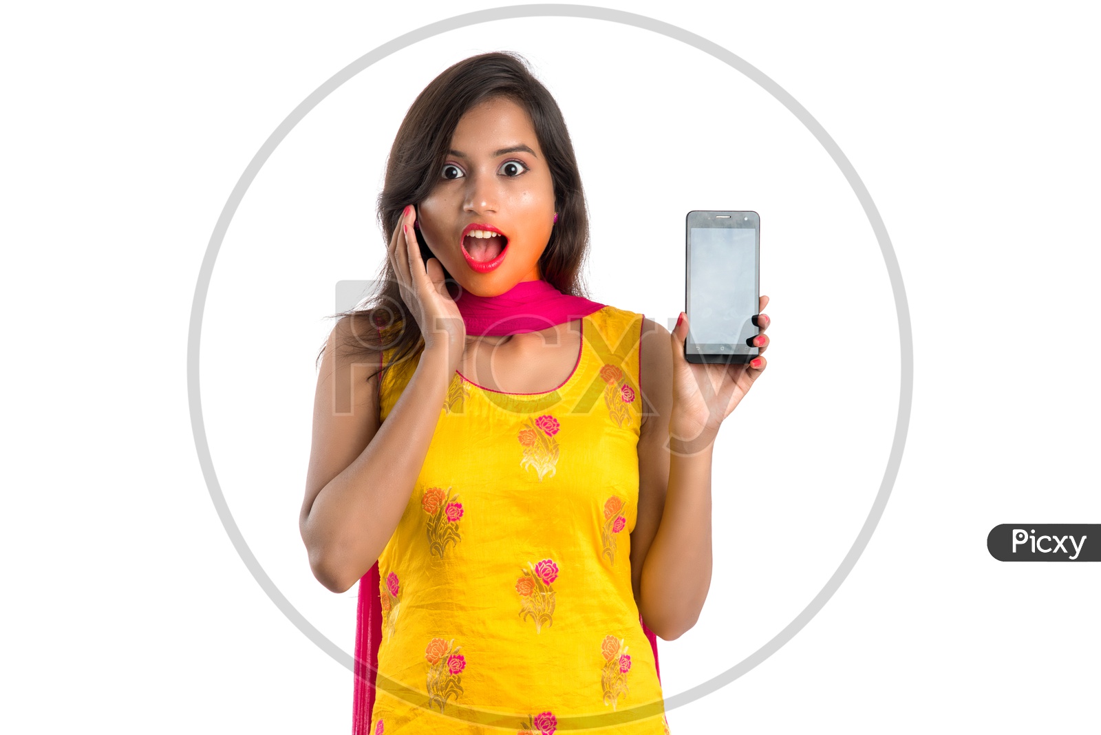 Beautiful Young Indian Girl Showing Mobile Screen With expression  and Gesture