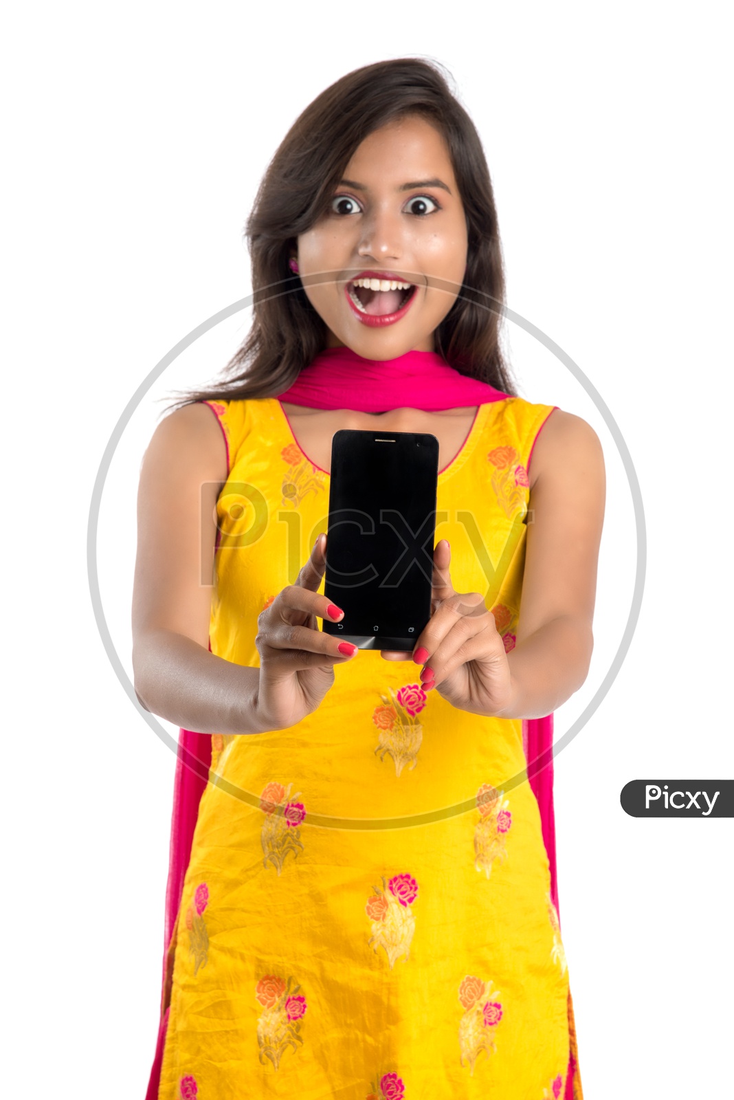 Image Of Beautiful Young Indian Girl Showing Mobile Screen With Smile 2529