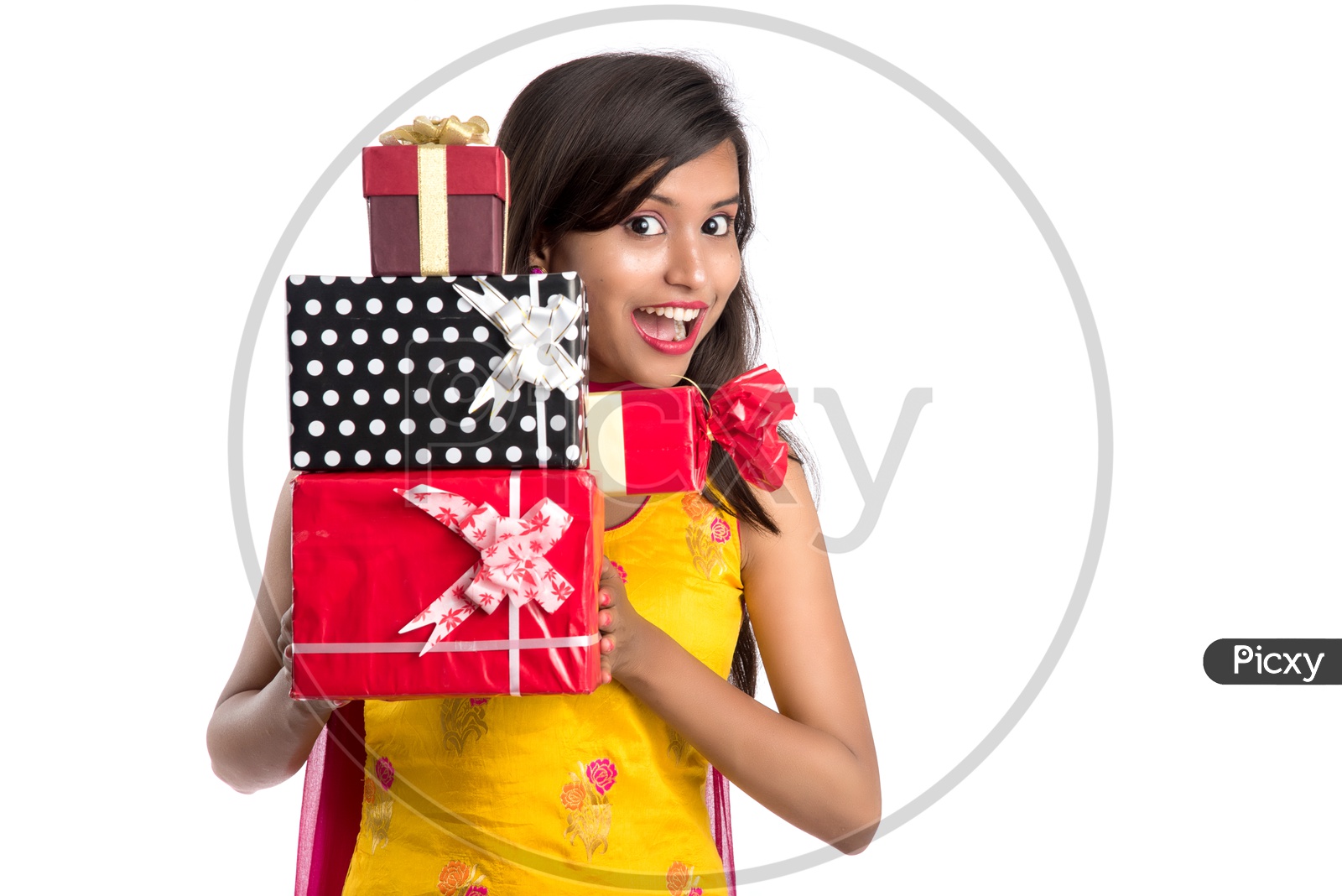 Beautiful Indian Girl Holding Gift Boxes In Hand