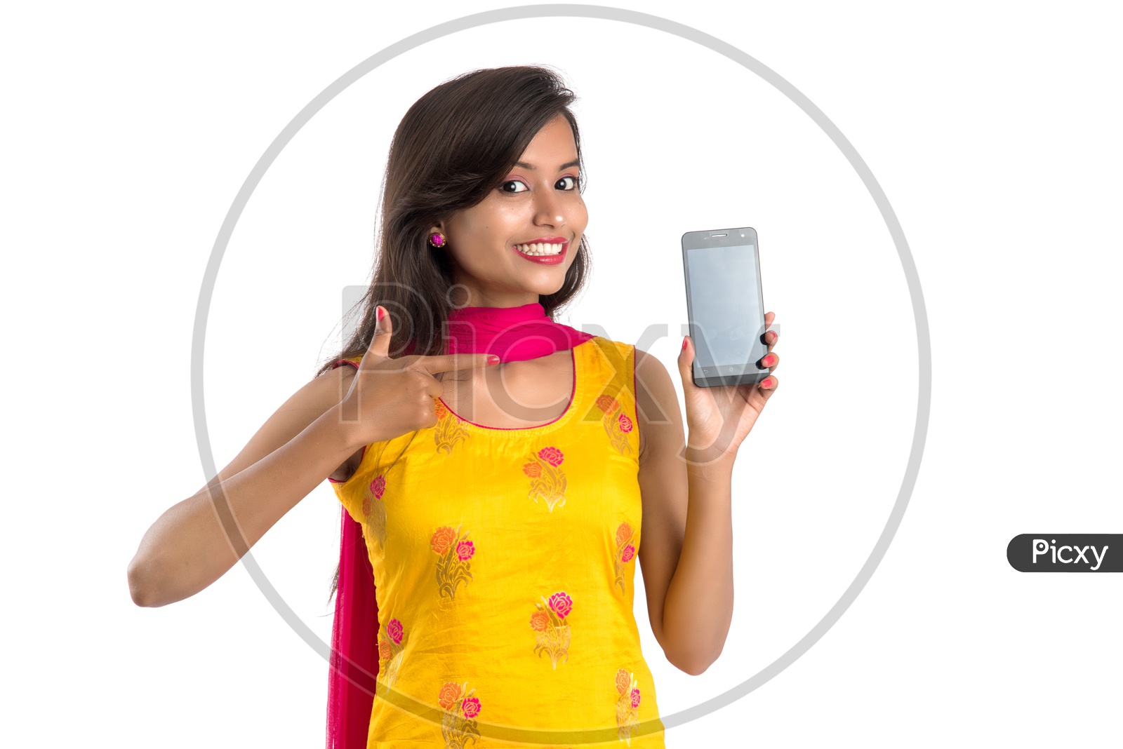 Beautiful Young Indian Girl Showing Mobile Screen With Smile Face