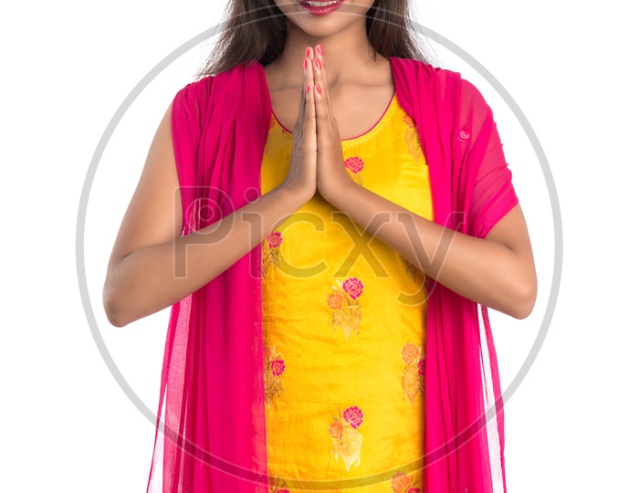 Beautiful Indian Girl With Namaste Gesture And Smile Face