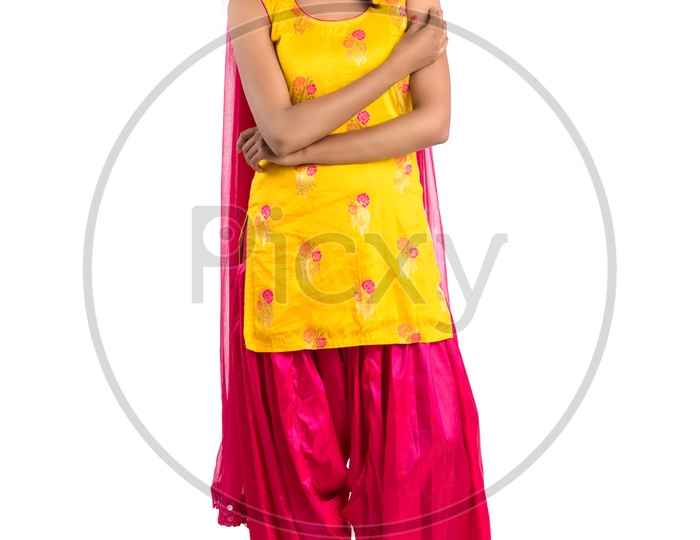 Portrait of  a Beautiful Indian Girl With Happy Expressions and Posing  over an Isolated White Background