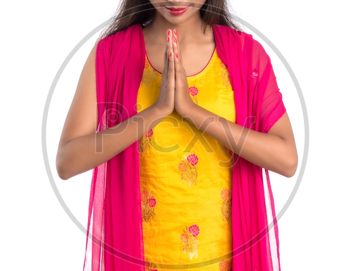 Beautiful Indian Girl With Namaste Gesture And Smile Face