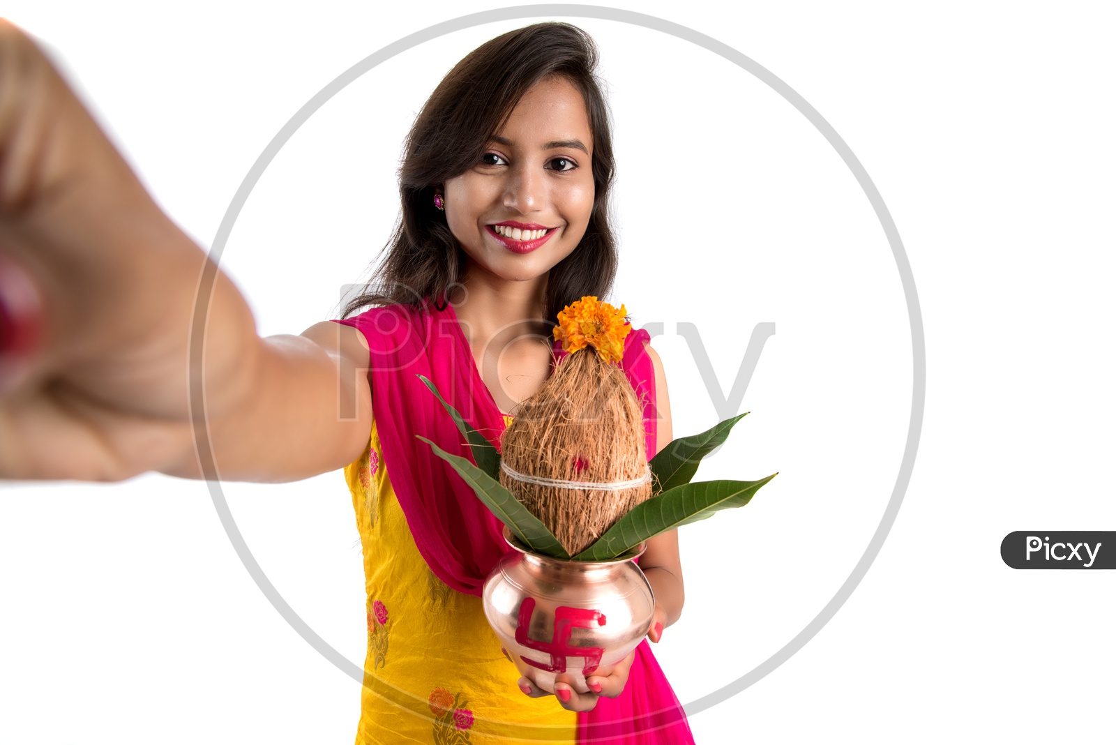 Beautiful Indian Girl Taken Selfie With a  Kalash in Hand