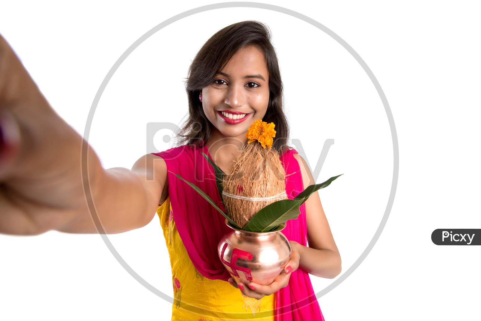 Beautiful Indian Girl Taken Selfie holding Copper Kalash  In Hand