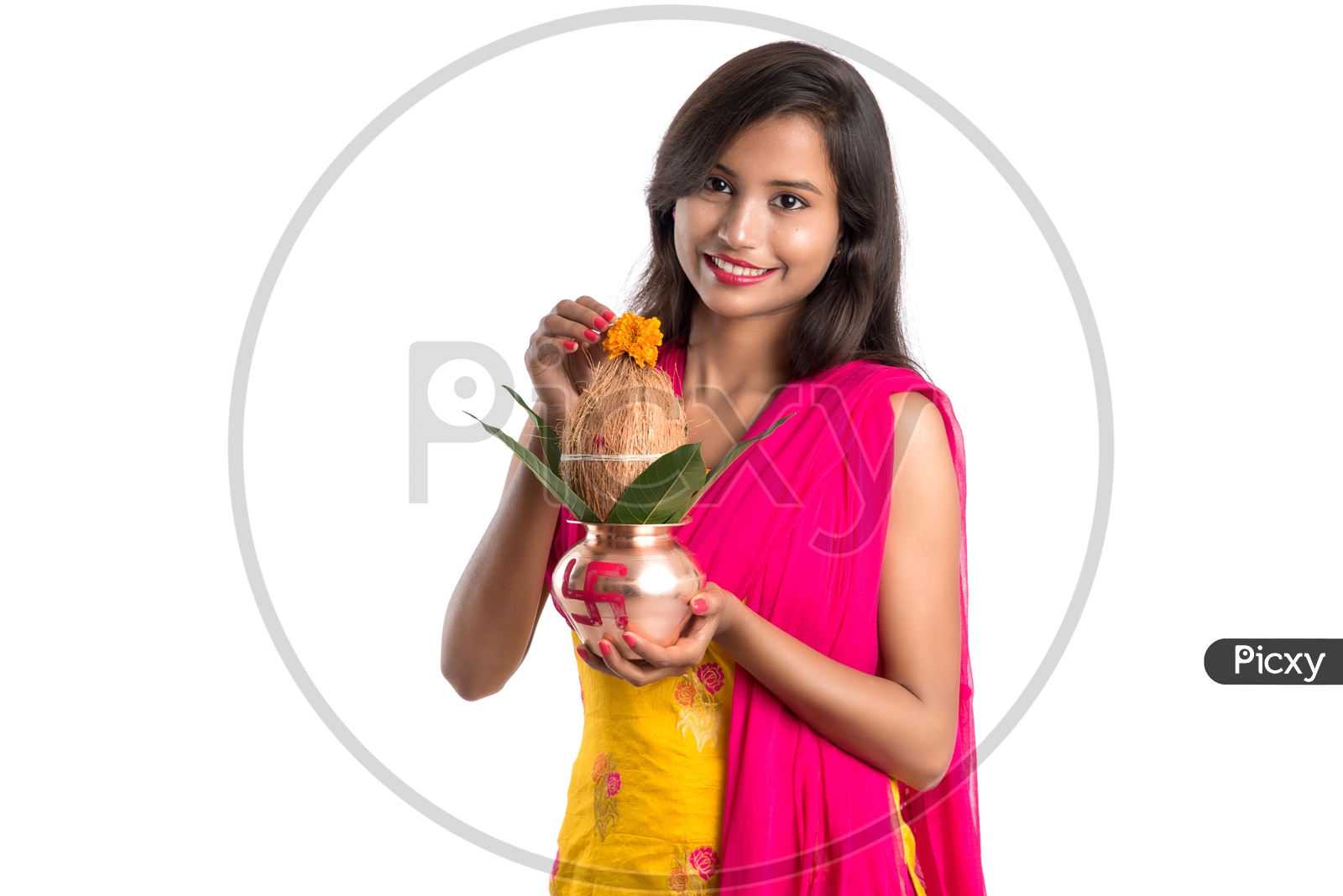 Indian Girl Holding a Traditional Copper Kalash  in hand