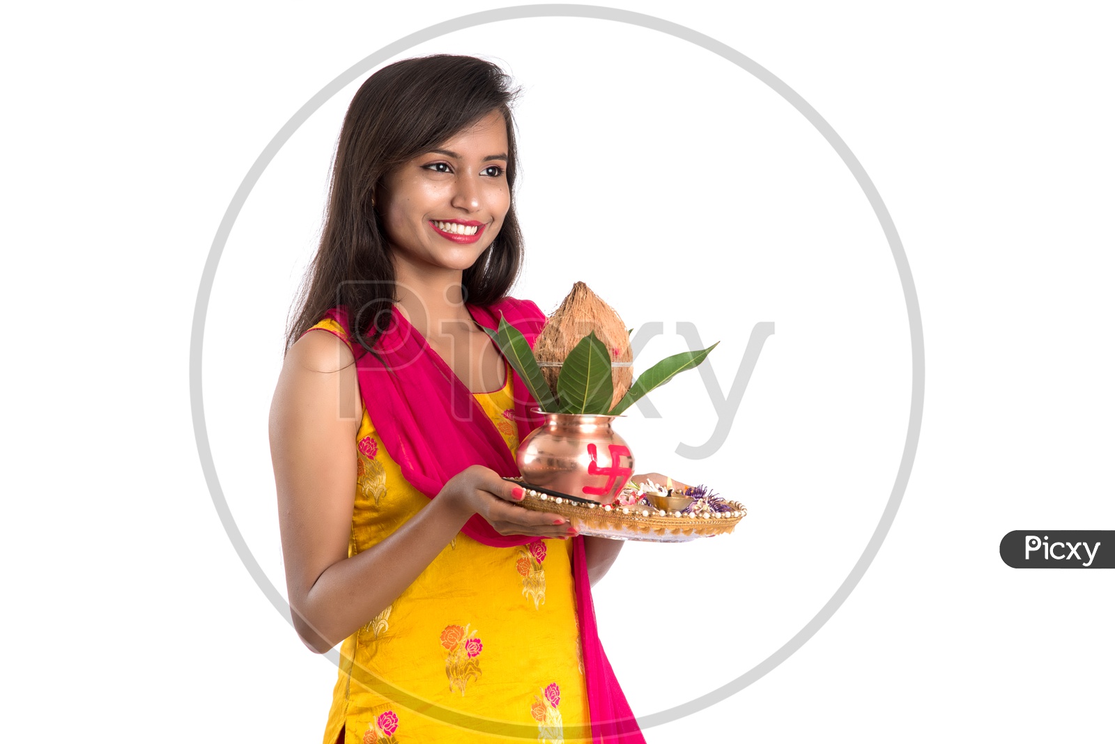 Beautiful Indian Girl Holding Pooja Thali Or Pooja Plate on Hands