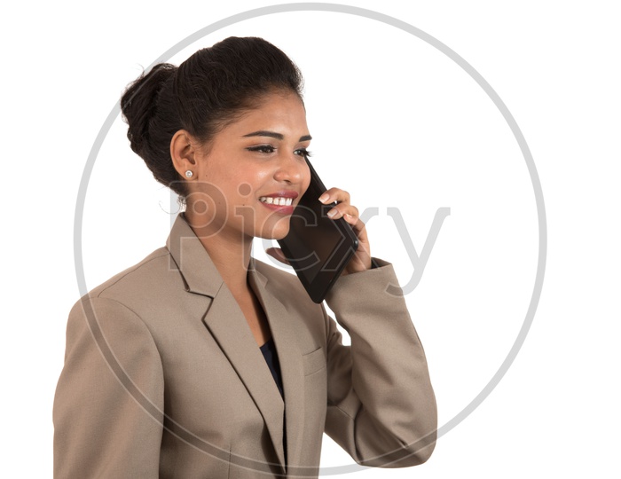 happy business woman talking on the mobile phone or smartphone On  isolated on white background