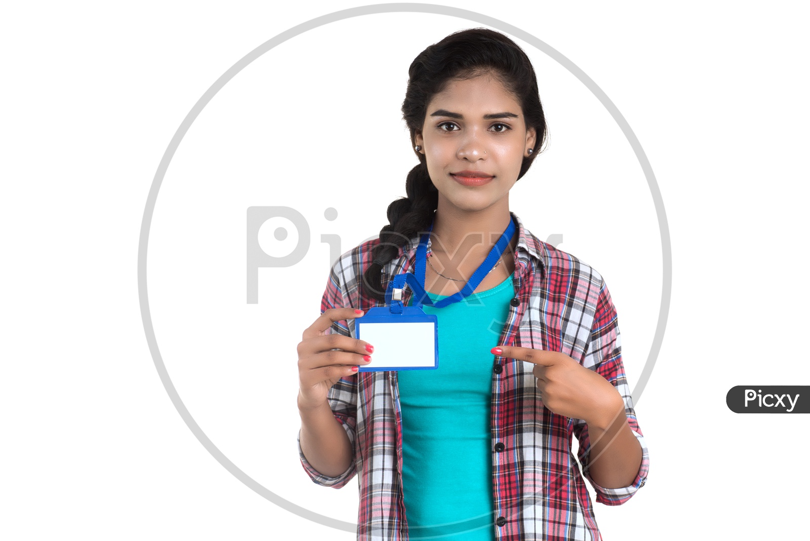 Young Indian Girl Showing Empty Identification Card And Showing Space On Card on an Isolated White Background