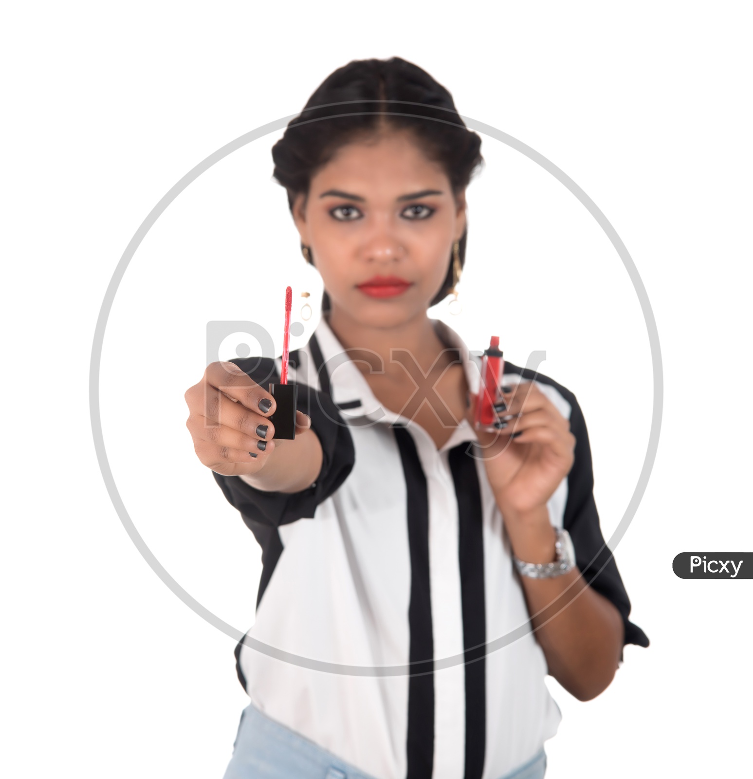 Pretty Young Indian Girl Holding Lipstick In Hand And Posing On an White Background