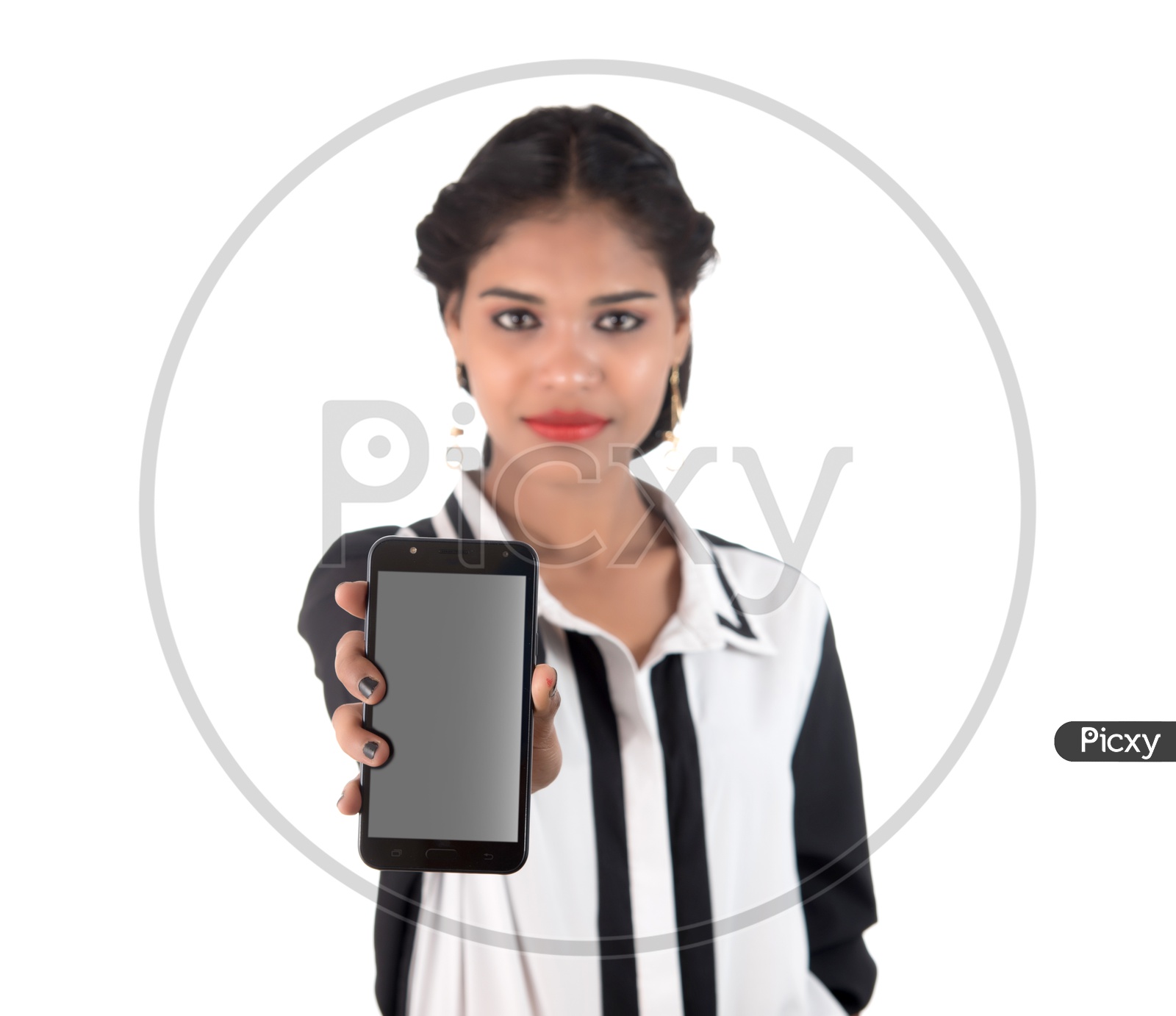 Young Indian Girl  Showing The Blank Mobile Screen or   Smart Phone Screen On an Isolated White Background