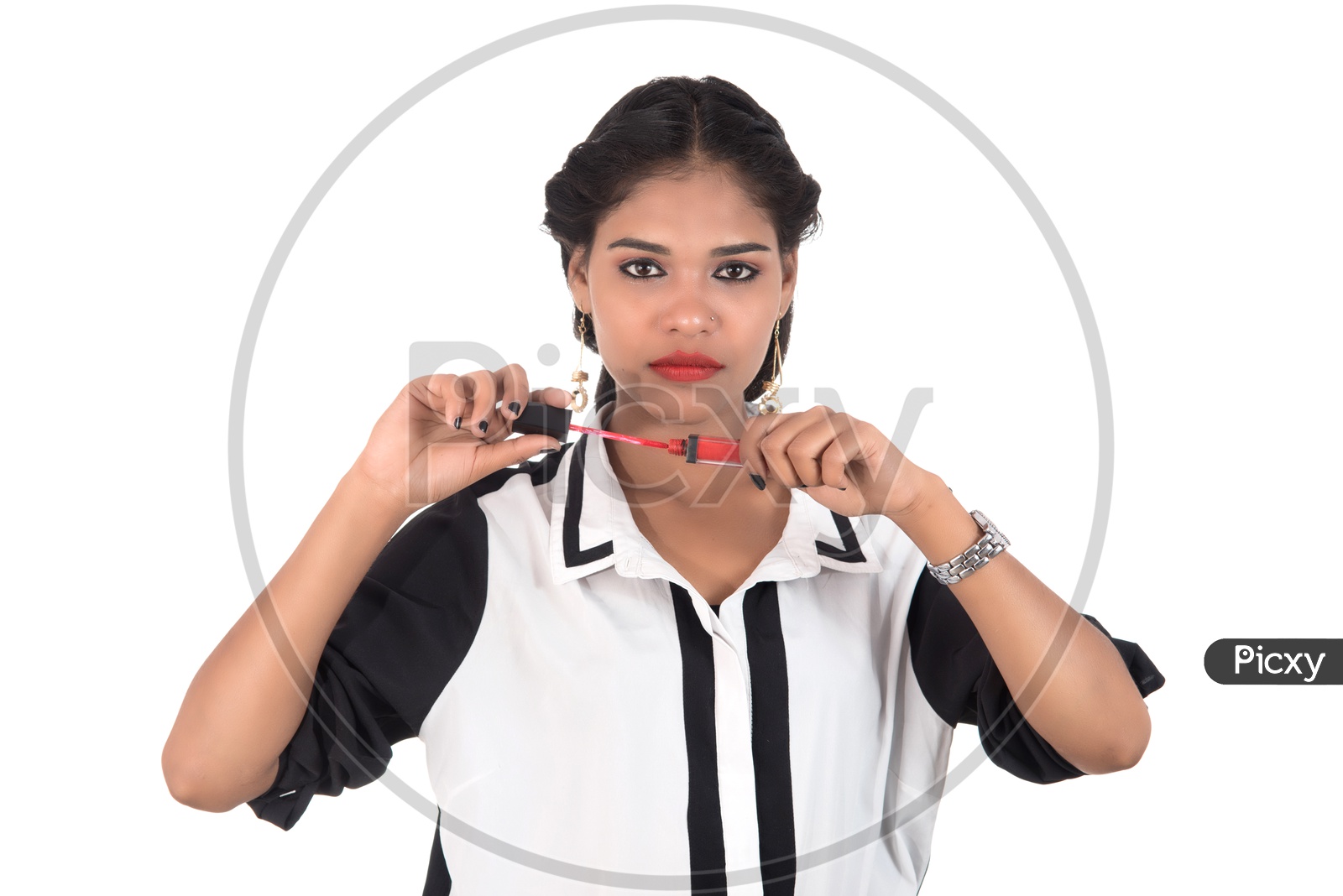 Pretty Young Indian Girl Holding Lipstick In Hand And Posing On an White Background