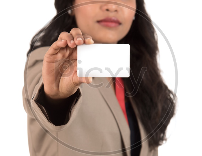 Indian business woman holding a blank business card or ID card