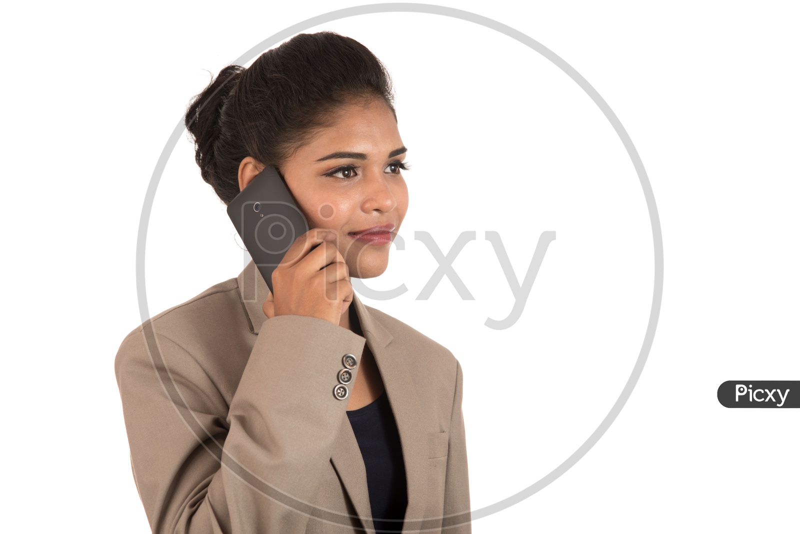 happy business woman talking on the mobile phone or smartphone isolated on white background