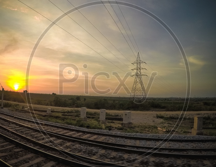 Electric High Tension Poles At Railway Tracks