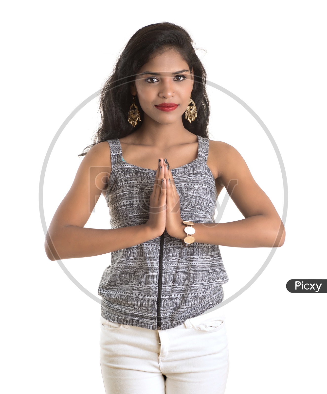 Pretty Young Girl With Namaste Gesture And With Smile Face On an Isolated White Background