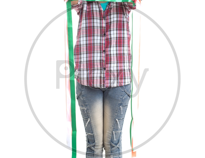 Indian Girl Holding tricolour In Hand and Standing On White Background