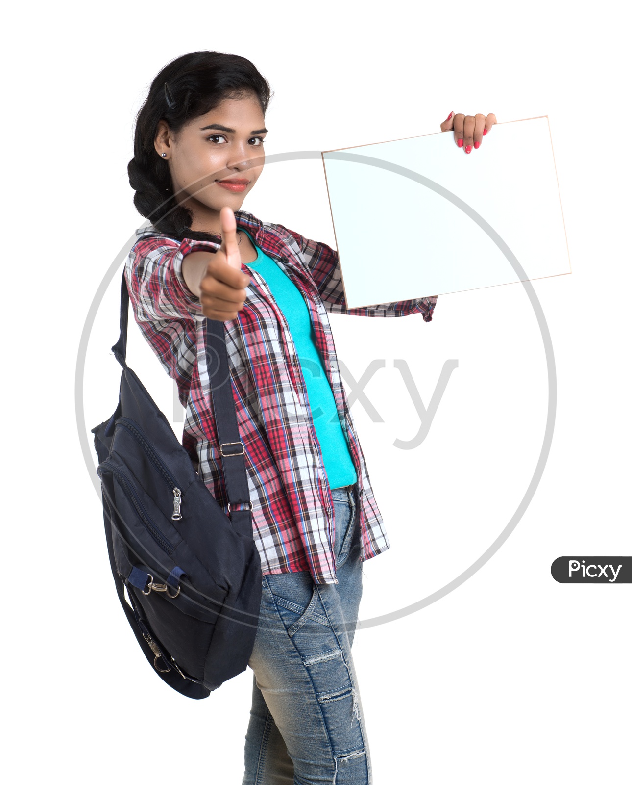 Young Indian Woman Holding notebooks  showing Space and With Backpack Standing and Posing  on a White Background