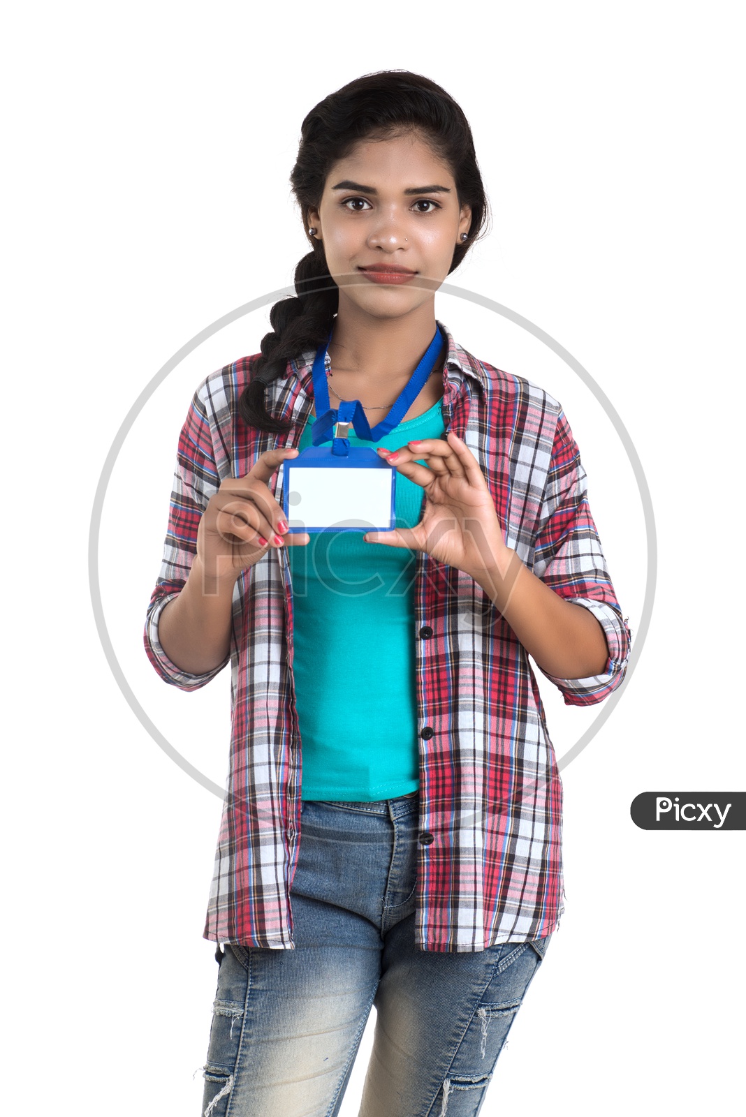 Young Girl Holding Blank Identification Card And Showing Space on Card On an Isolated White Background