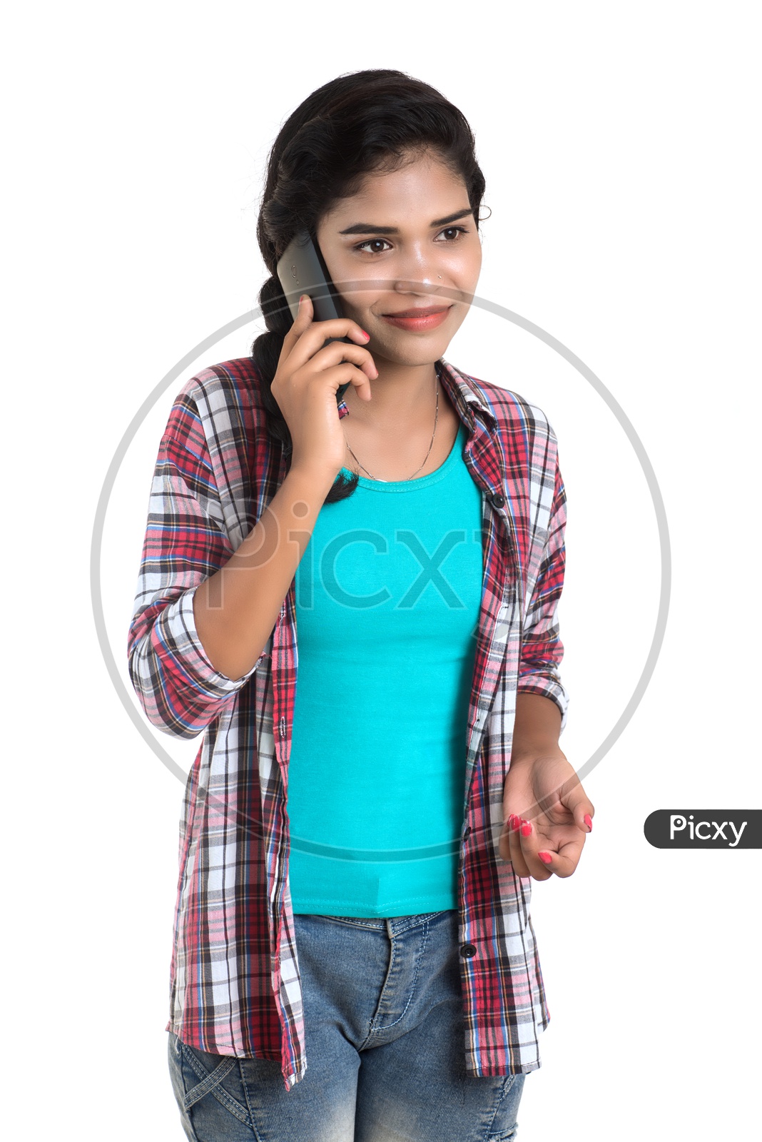 Young Indian Girl Talking In  Smart Phone On an Isolated White Background