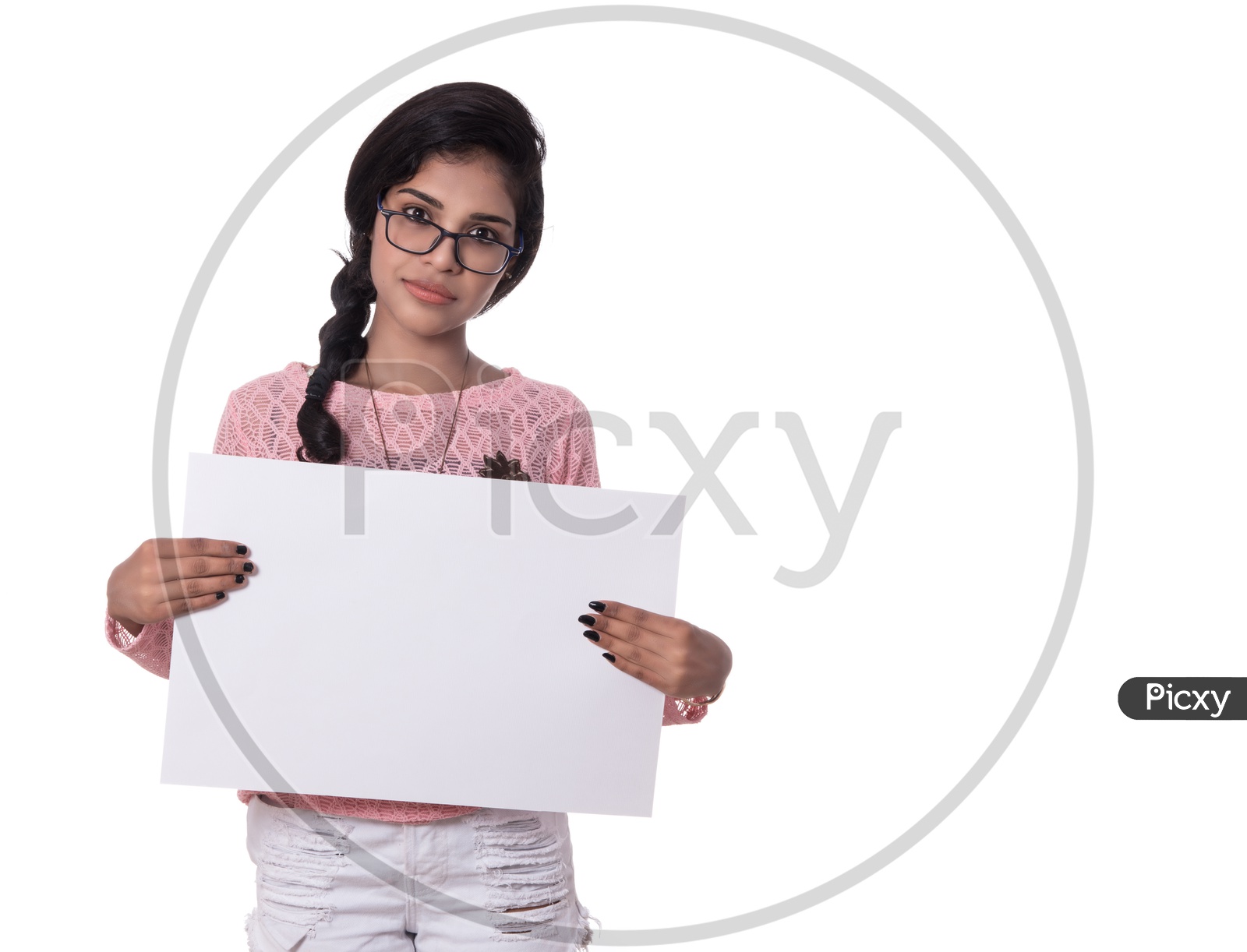 Pretty Young Indian Girl Holding Empty Placard With Space On an White Background