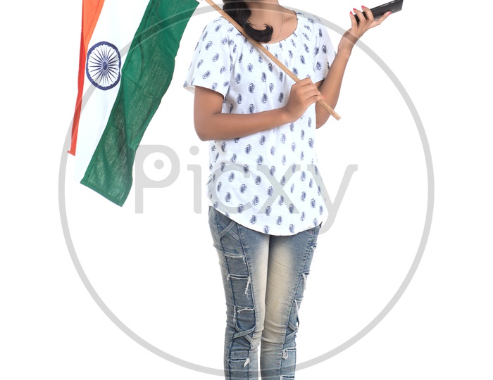 Young Indian Girl Taking Selfies In Smartphone With a Indian National Flag