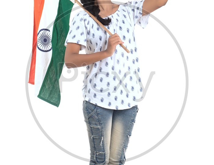 Young Indian Girl Taking Selfies In Smartphone With a Indian National Flag