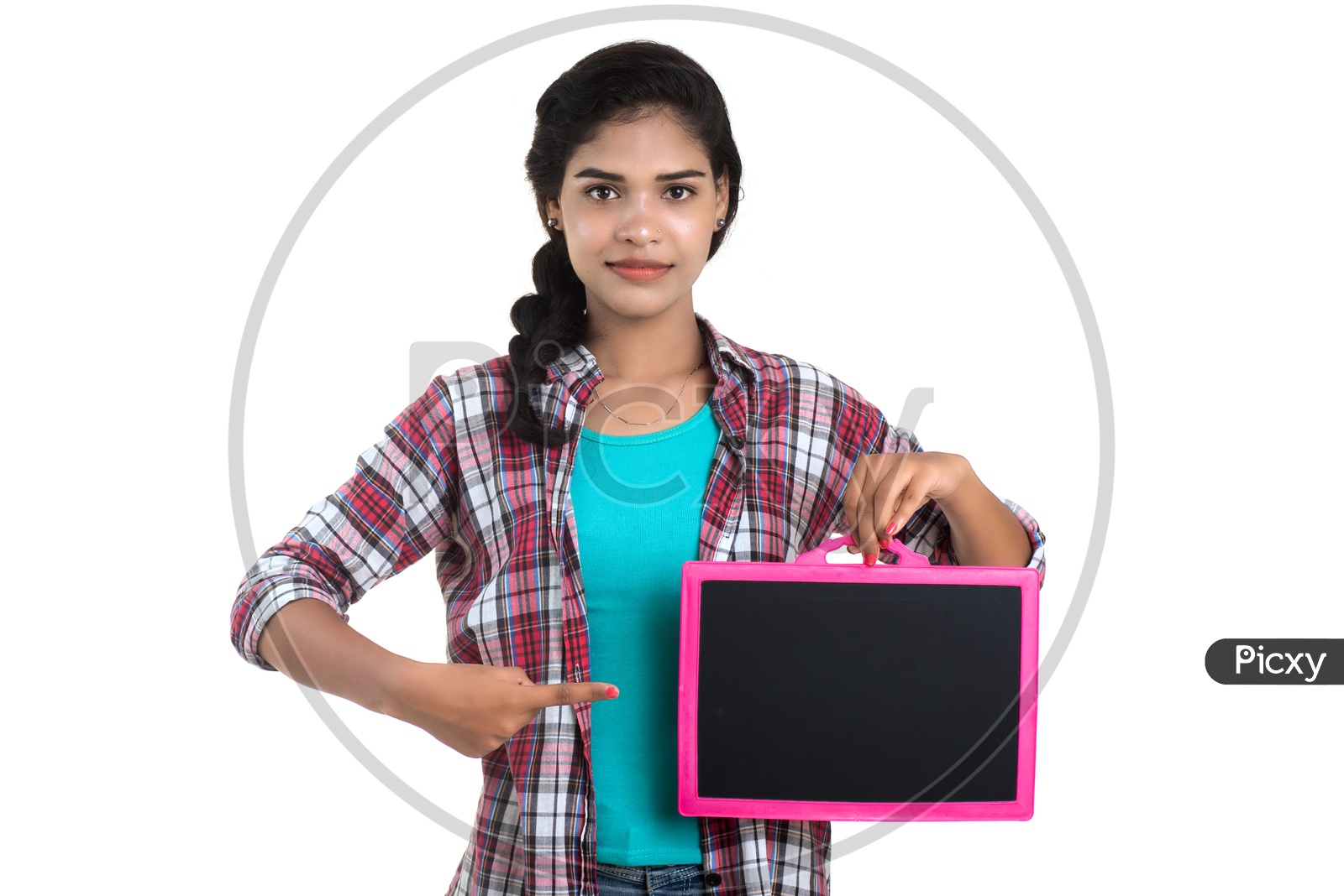Young Indian Woman Showing Blank Slate Board and Pointing The Empty Space On a White Background